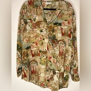 Vintage Le Caviar  Floral & Equestrian Horse Long-Sleeve Shirt Cottagecore XL